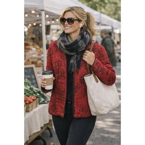 VTG Carole Little Silk Quilted Beaded Jacket Red Black L